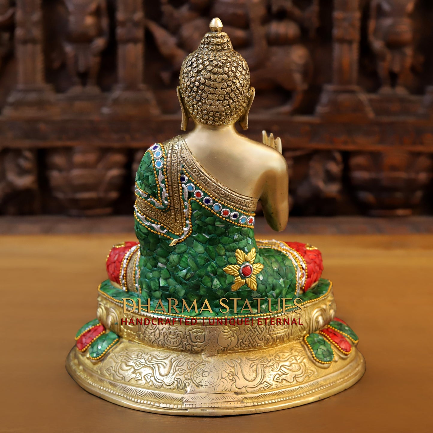 Brass Buddha seated in Blessing Posture, Stonework & Golden Finish, 13"