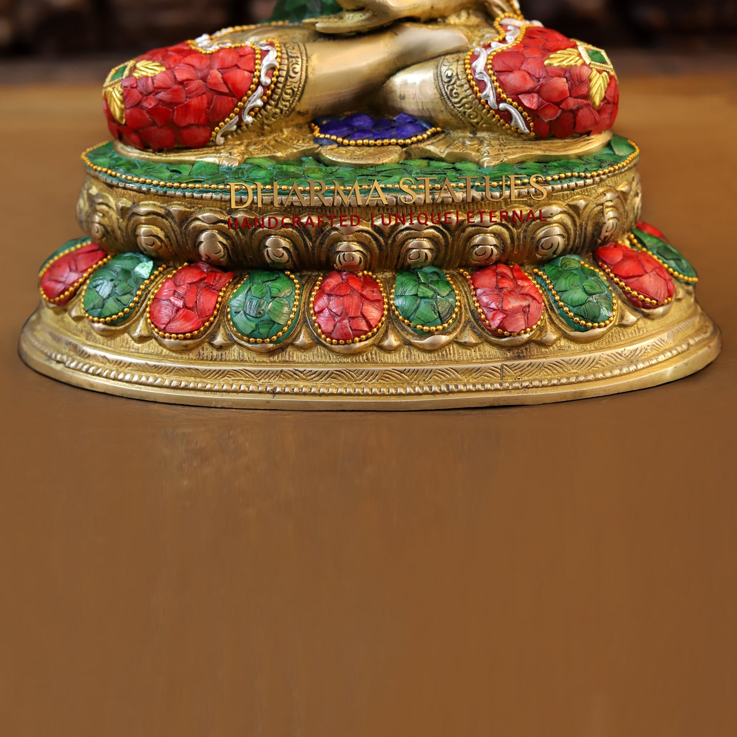 Brass Buddha seated in Blessing Posture, Stonework & Golden Finish, 13"