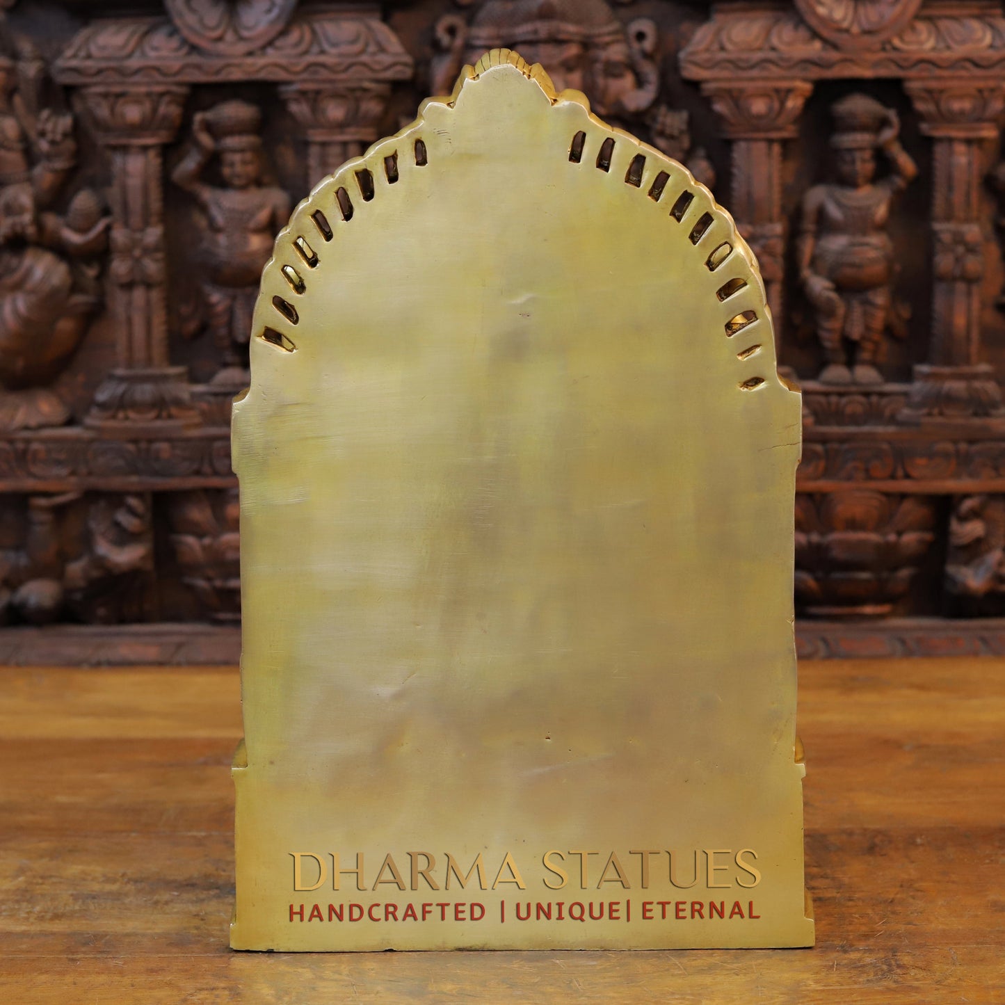 Brass Lakshmi Seated in Temple with Ganesh & Saraswati, Special Gold, 18.5"