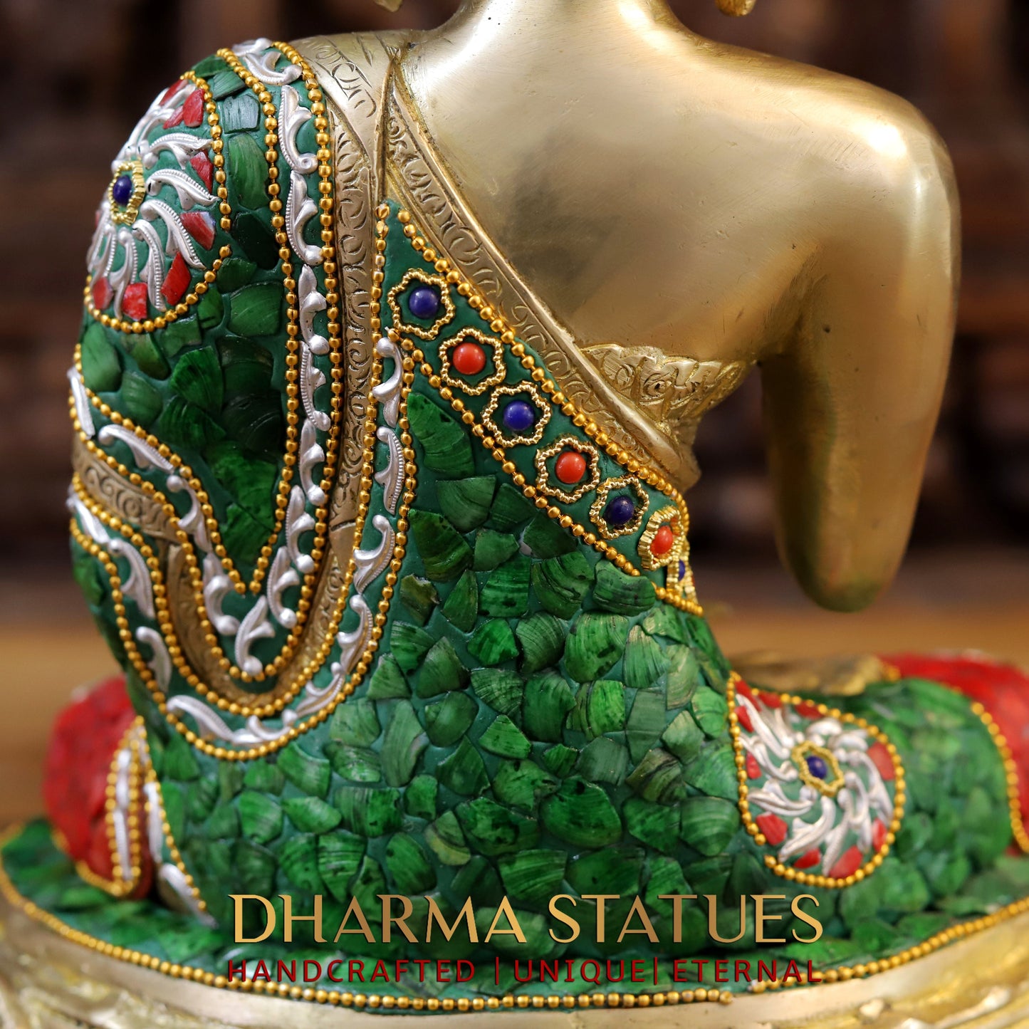 Brass Buddha seated in Blessing Posture, Stonework & Golden Finish, 14"