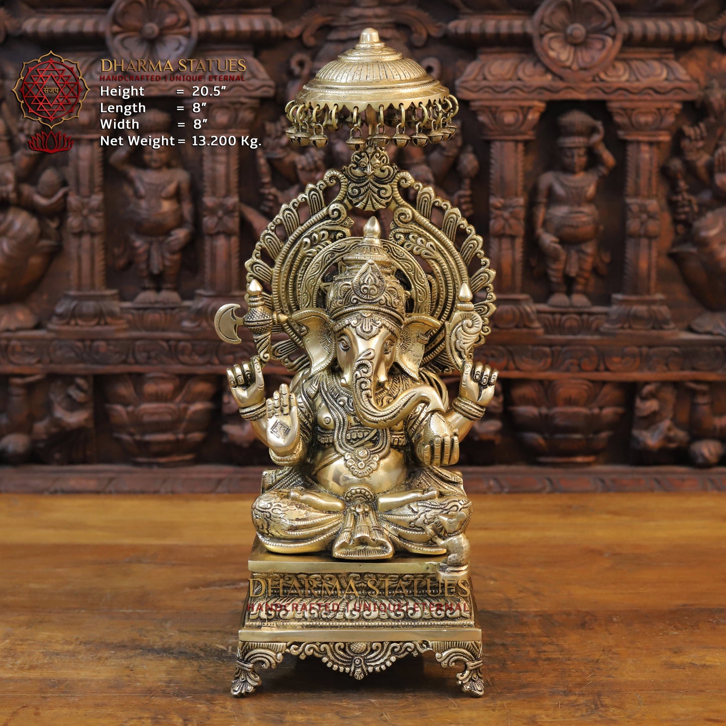 Brass Ganesh Seated on Chowki with Frame, Golden Finish, 20.5"
