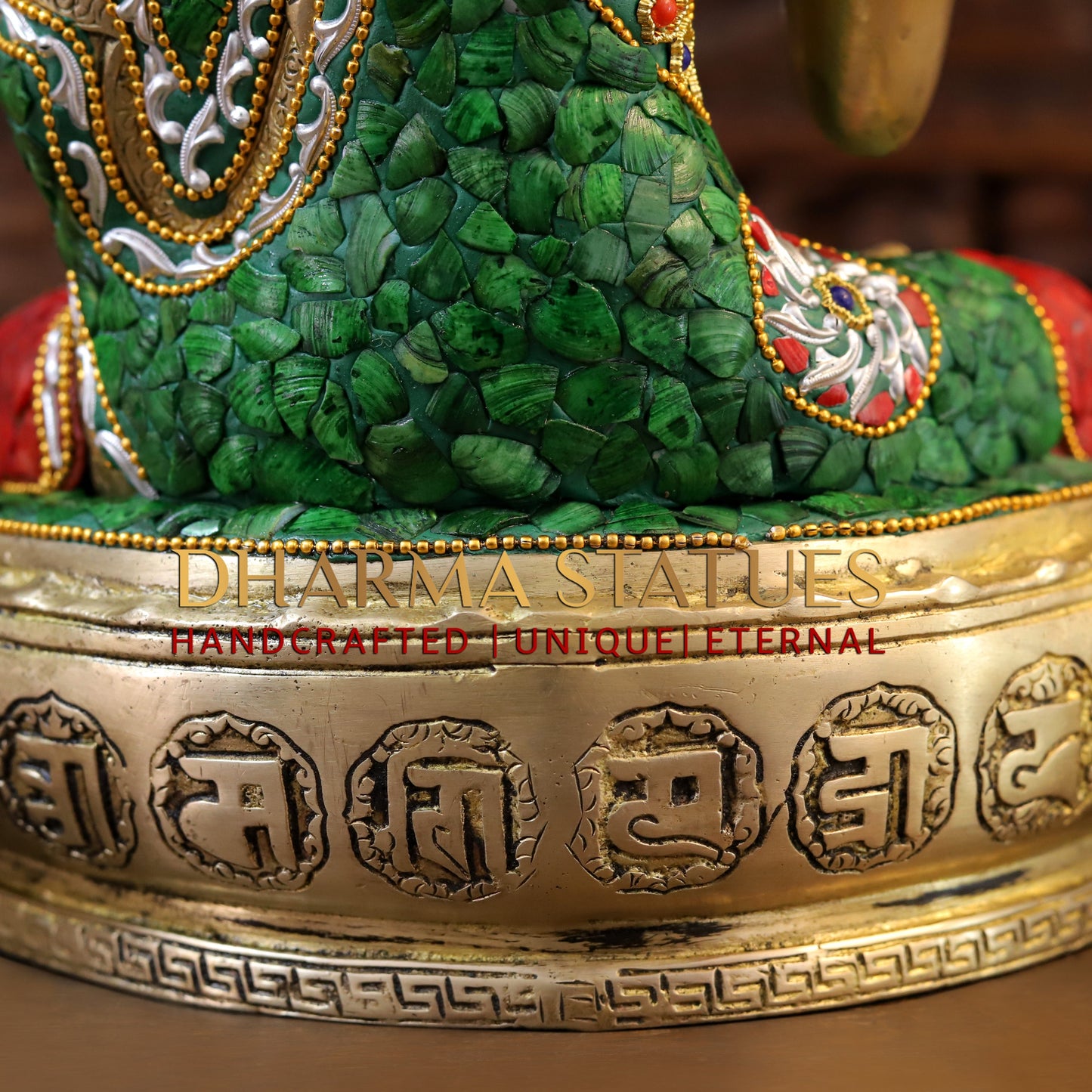 Brass Buddha seated in Blessing Posture, Stonework & Golden Finish, 14"