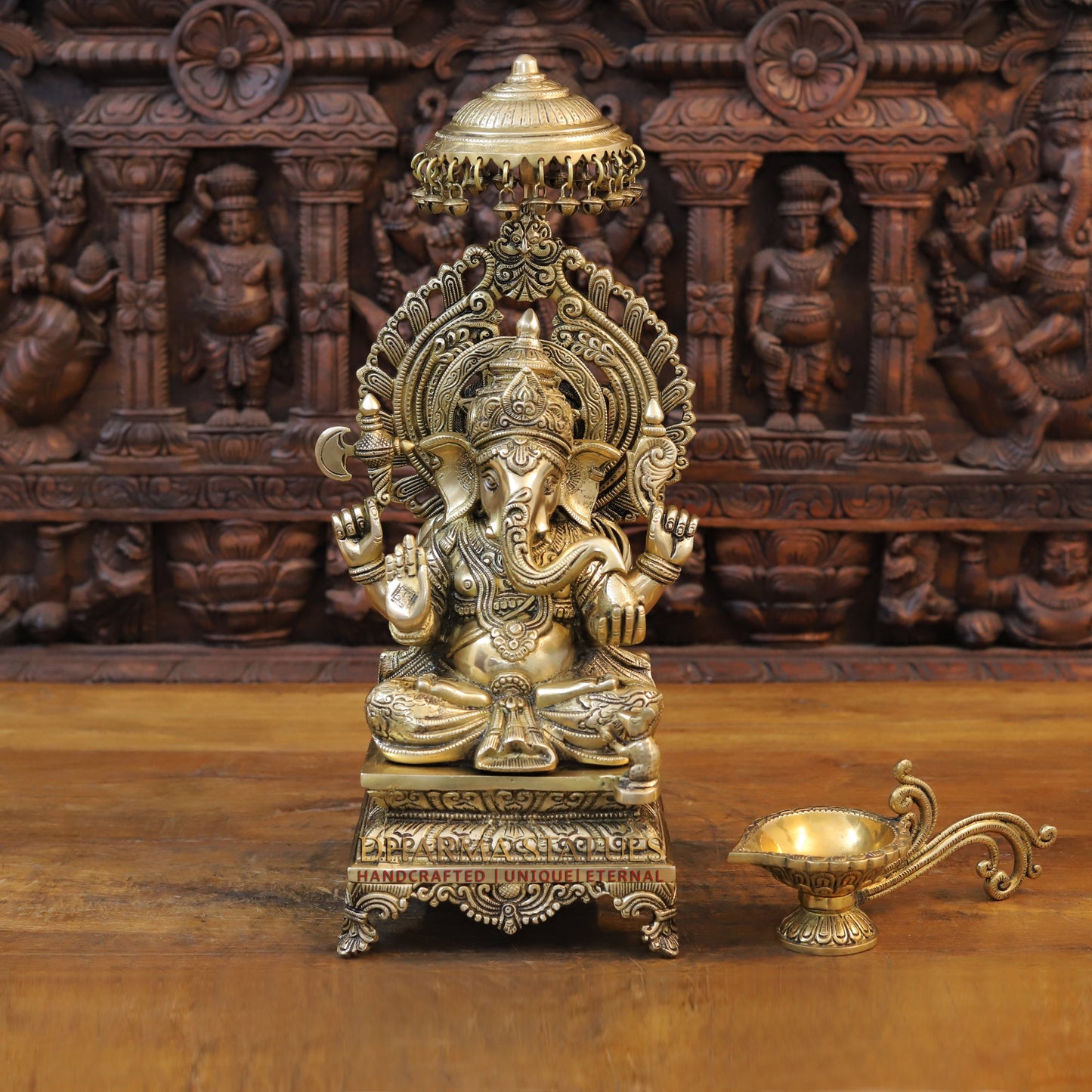 Brass Ganesh Seated on Chowki with Frame, Golden Finish, 20.5"