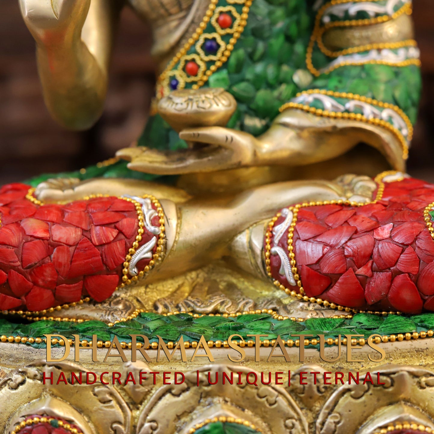 Brass Buddha seated in Blessing Posture, Stonework & Golden Finish, 14"