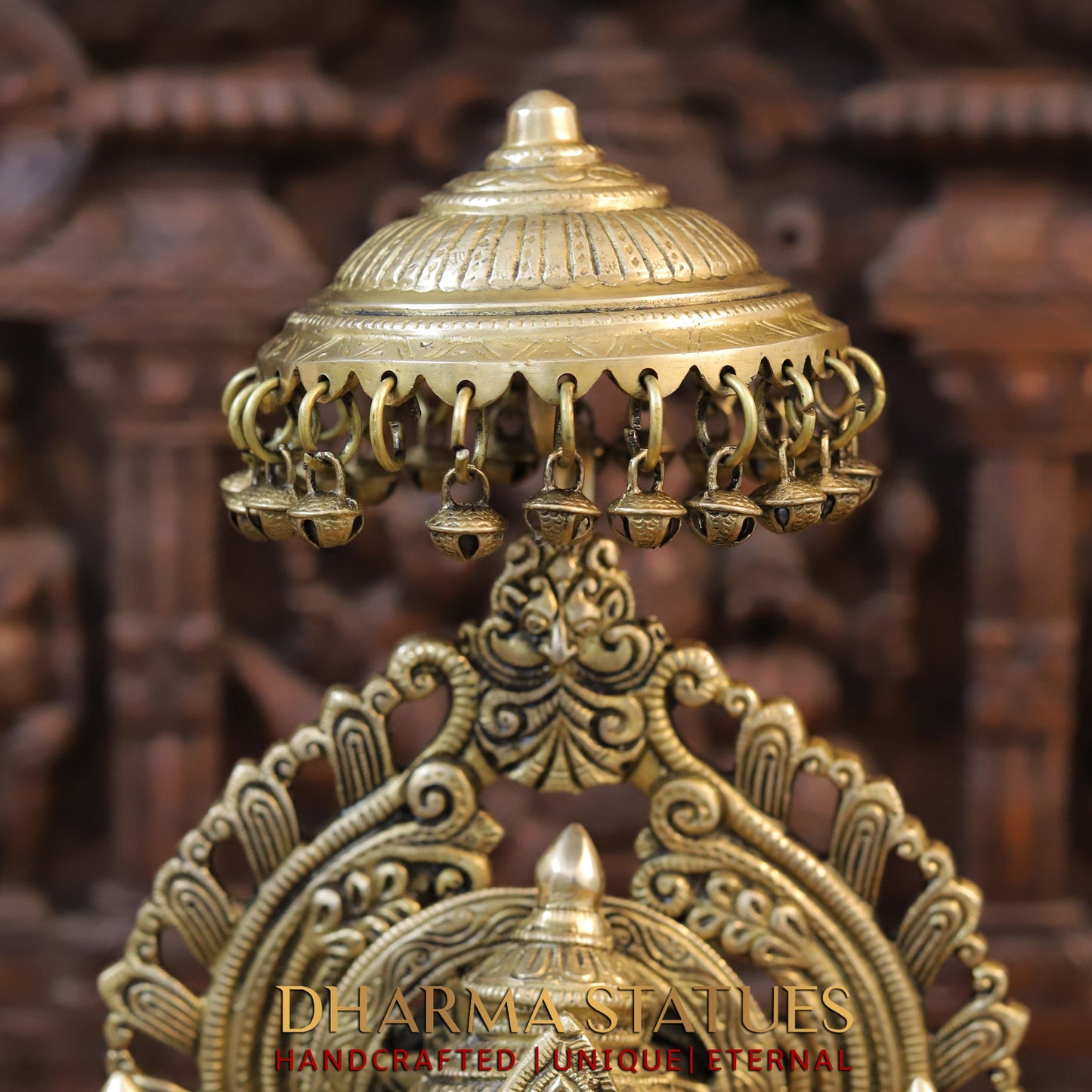 Brass Ganesh Seated on Chowki with Frame, Golden Finish, 20.5"