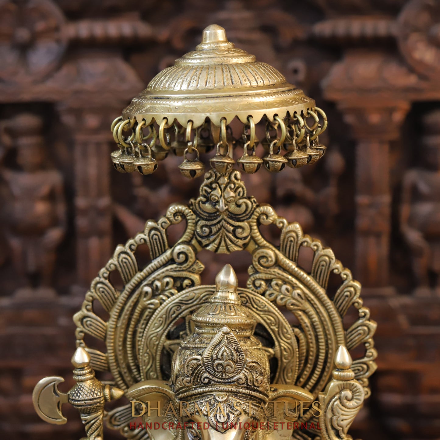 Brass Ganesh Seated on Chowki with Frame, Golden Finish, 20.5"