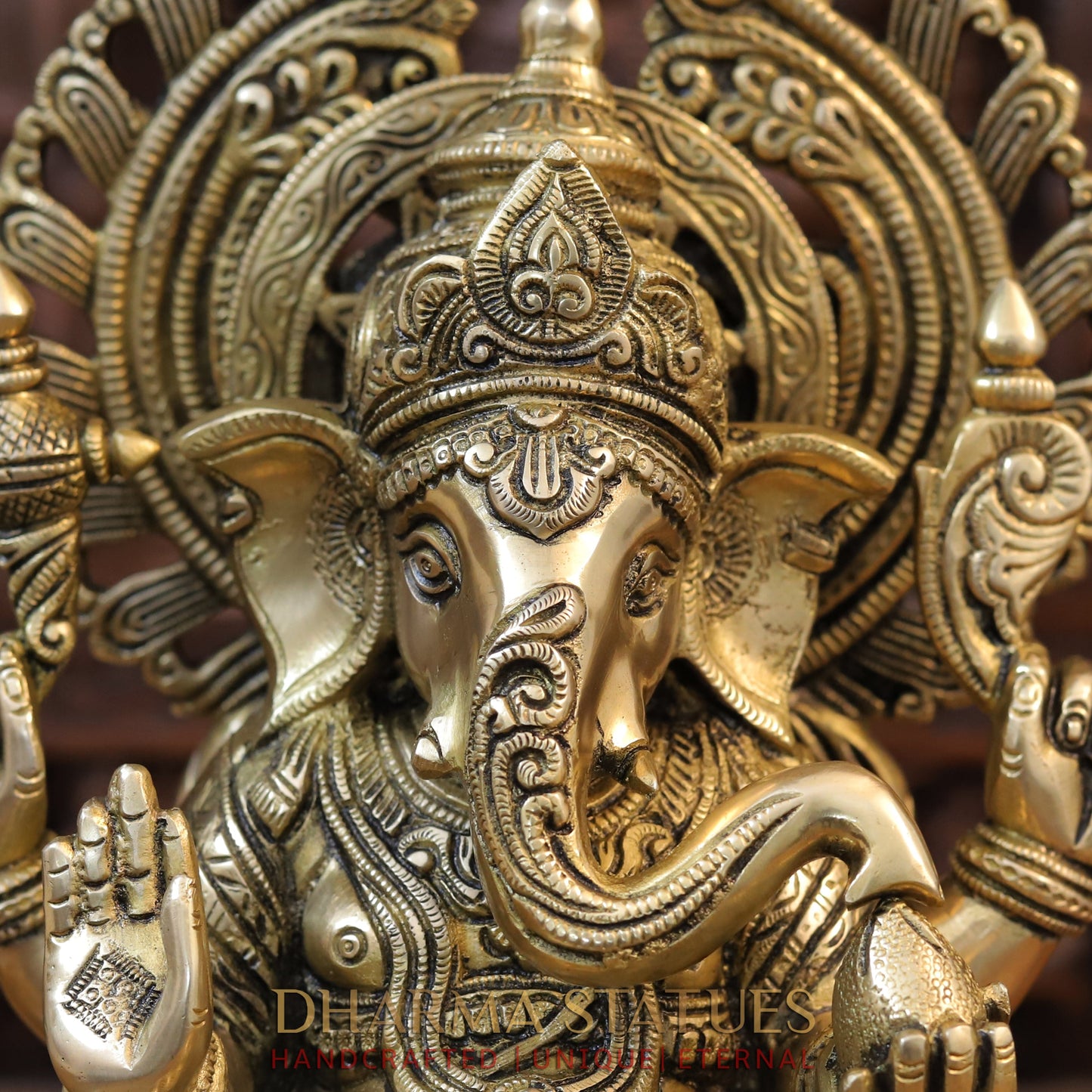 Brass Ganesh Seated on Chowki with Frame, Golden Finish, 20.5"