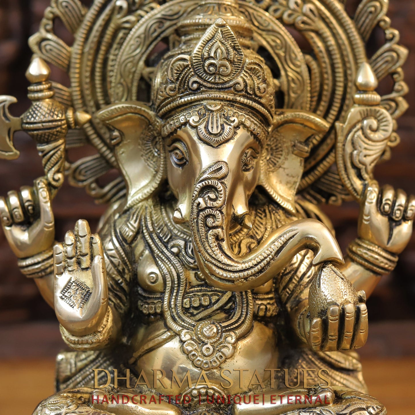 Brass Ganesh Seated on Chowki with Frame, Golden Finish, 20.5"