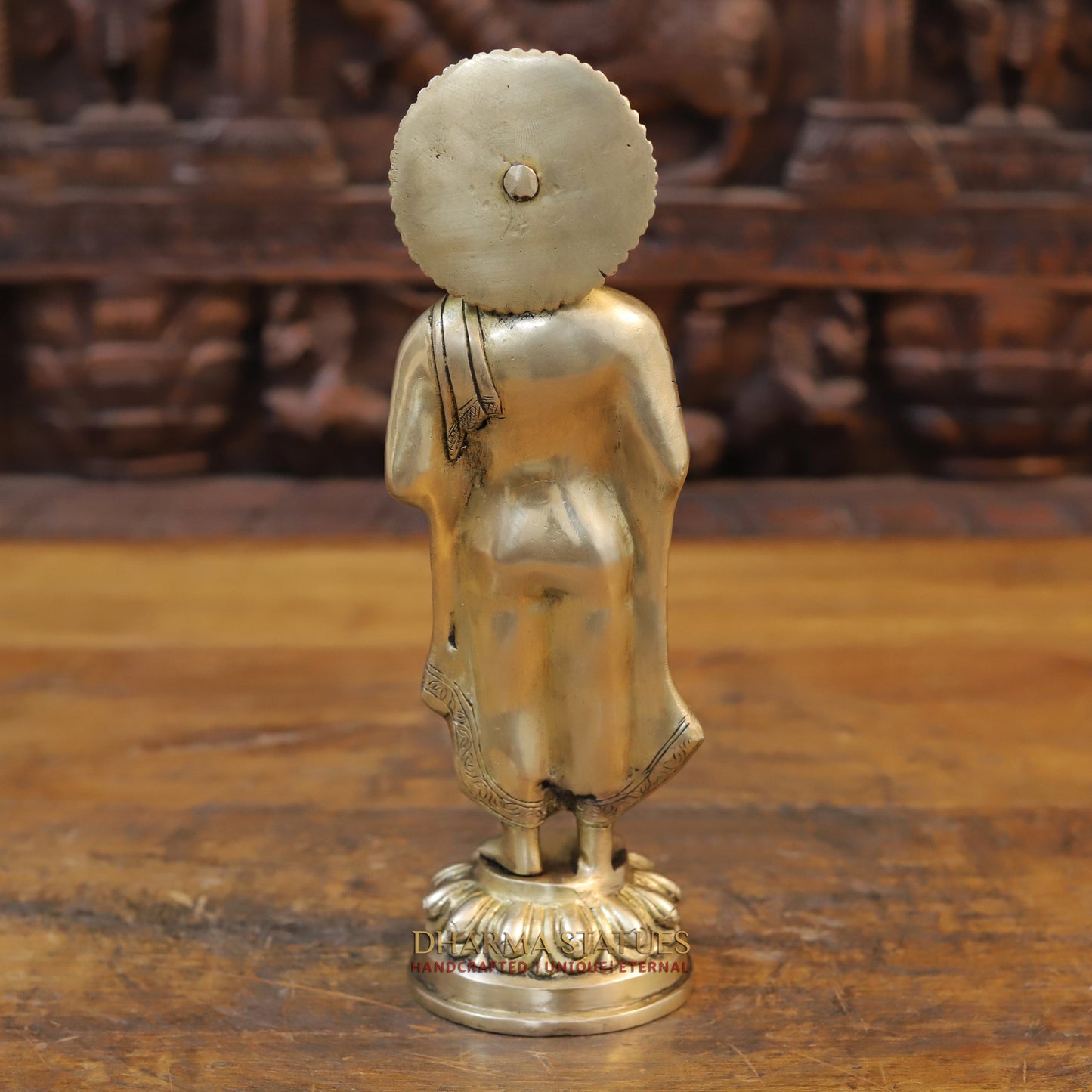 Brass Buddha Standing in Blessing Position, Gold Finish, 11.5"