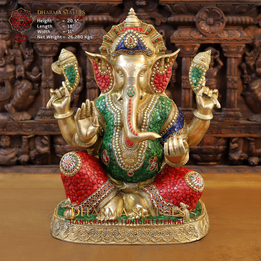 Brass Ganesh seated in Blessing Posture, Stonework & Golden Finish, 20.5"