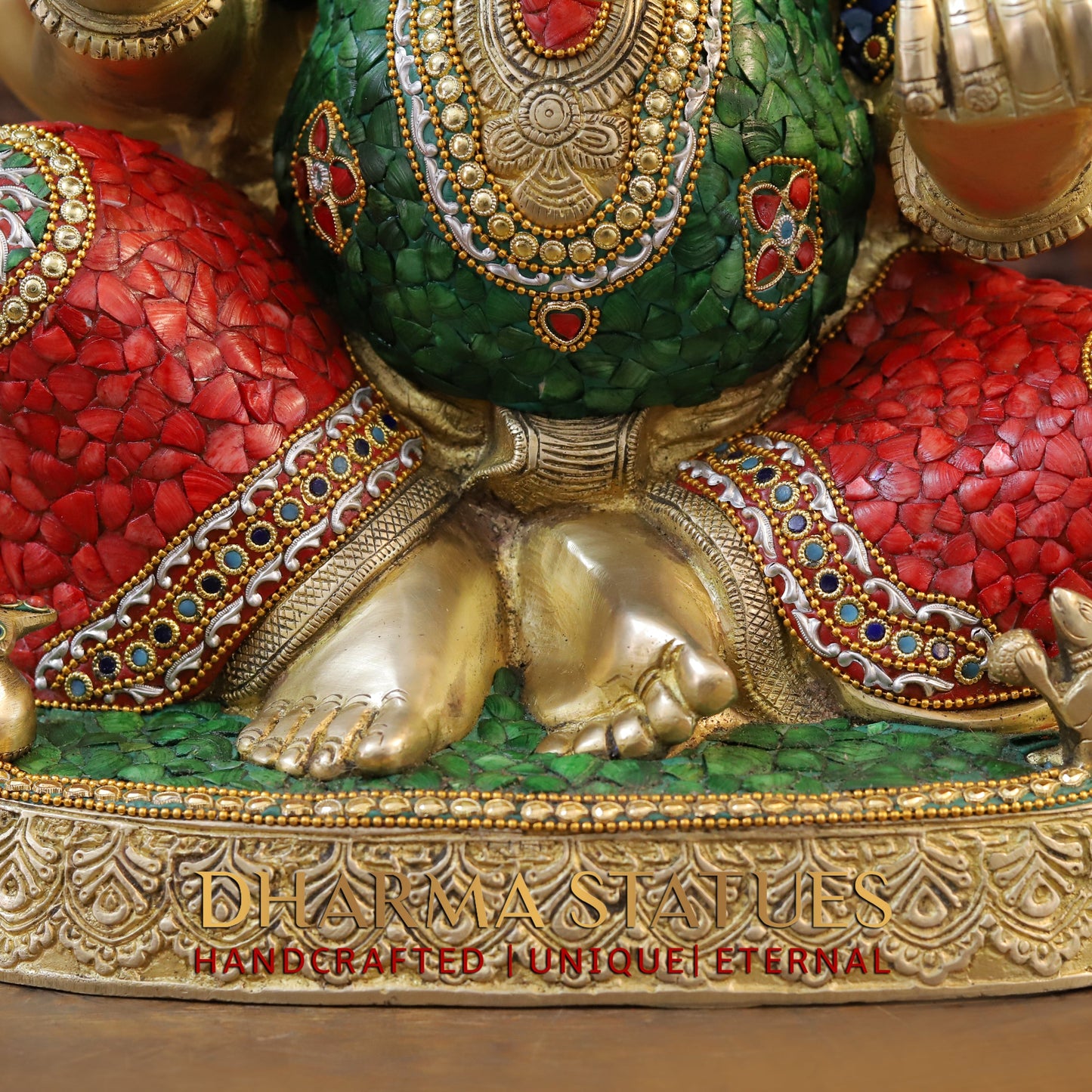 Brass Ganesh seated in Blessing Posture, Stonework & Golden Finish, 20.5"