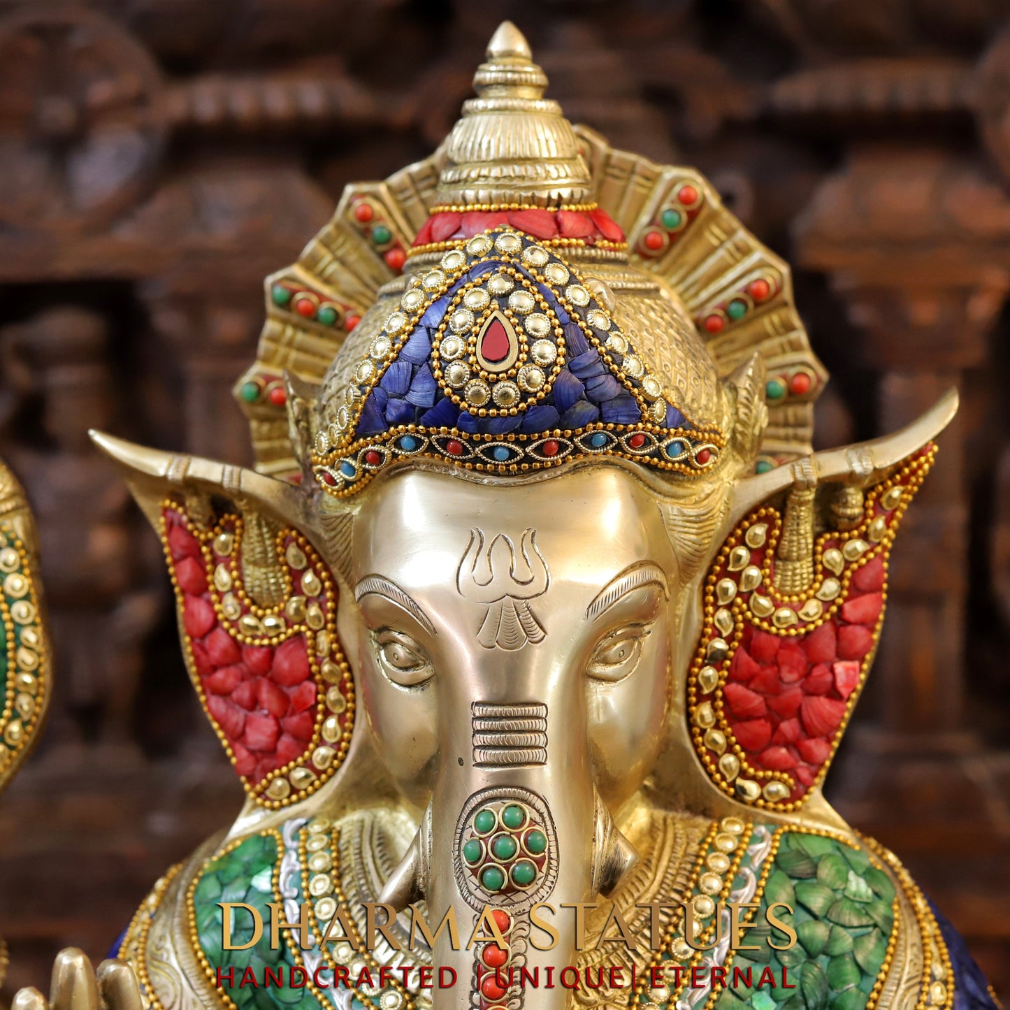 Brass Ganesh seated in Blessing Posture, Stonework & Golden Finish, 20.5"