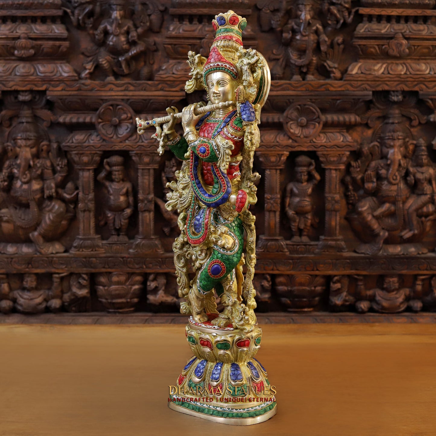 Brass Krishna Playing Flute, Stonework & Golden Finish, 30"