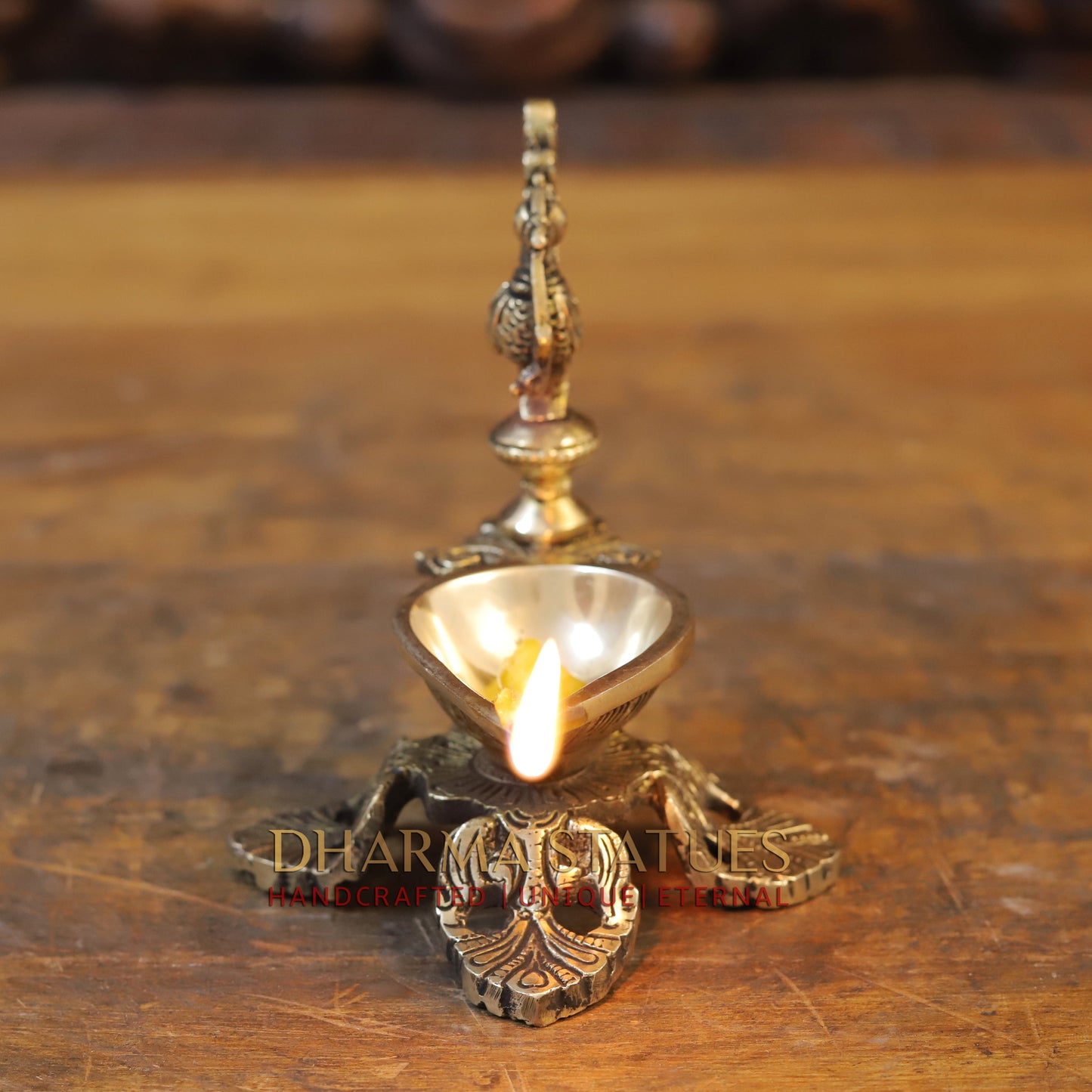Brass Oil Lamp with Peacock, Golden Finish, 5.5"