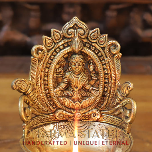 Brass Mahalakshmi Diya, Golden Finish, 7"