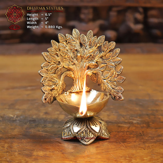 Brass Tree With Diya, Golden Finish, 6.5"