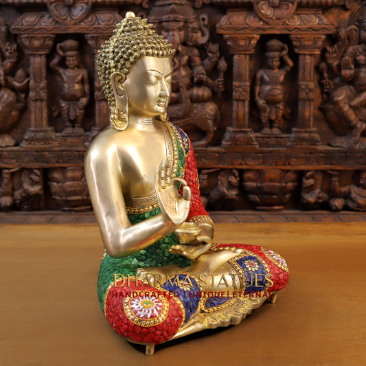 Brass Buddha seated in Blessing Posture, Stonework & Golden Finish, 20"