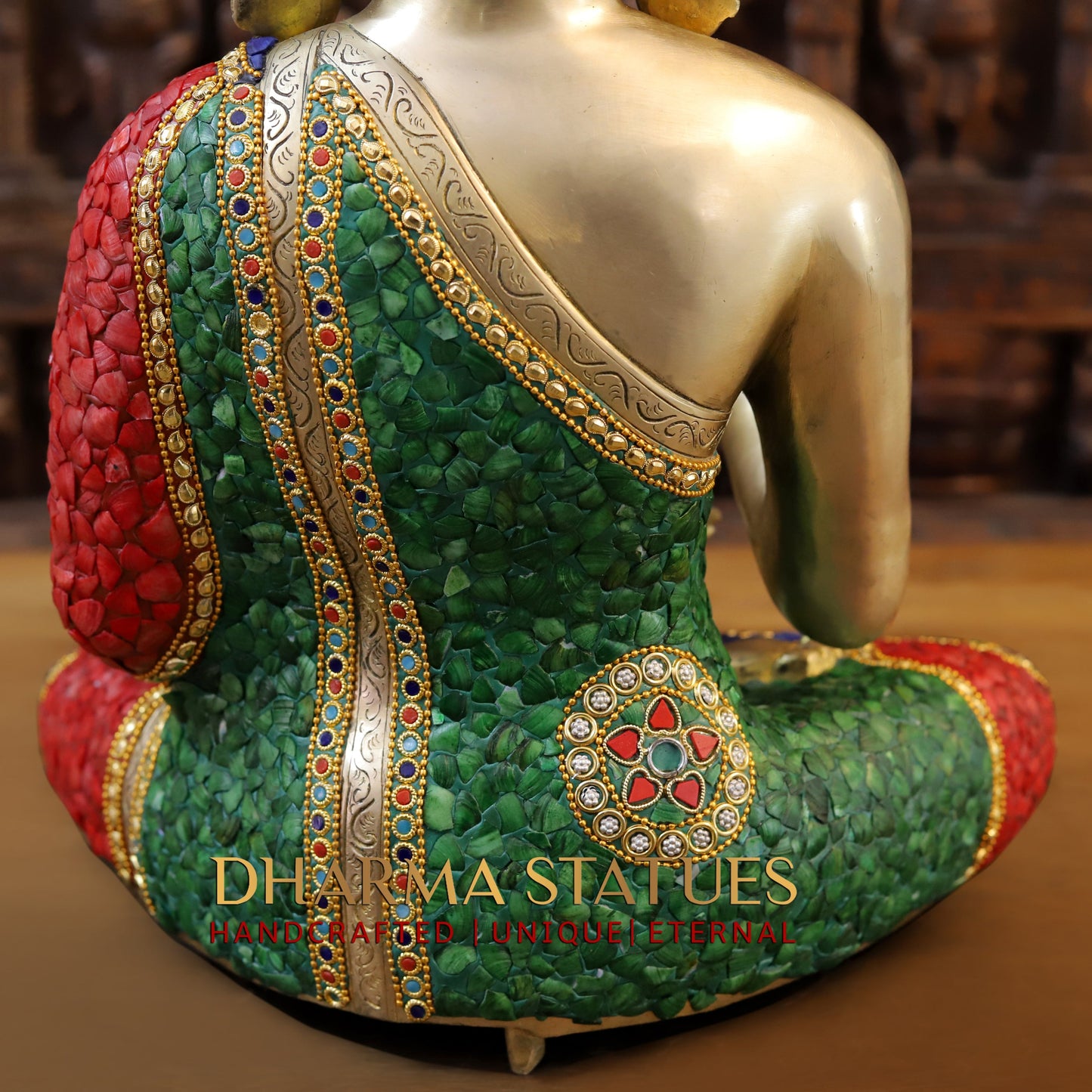 Brass Buddha seated in Blessing Posture, Stonework & Golden Finish, 20"