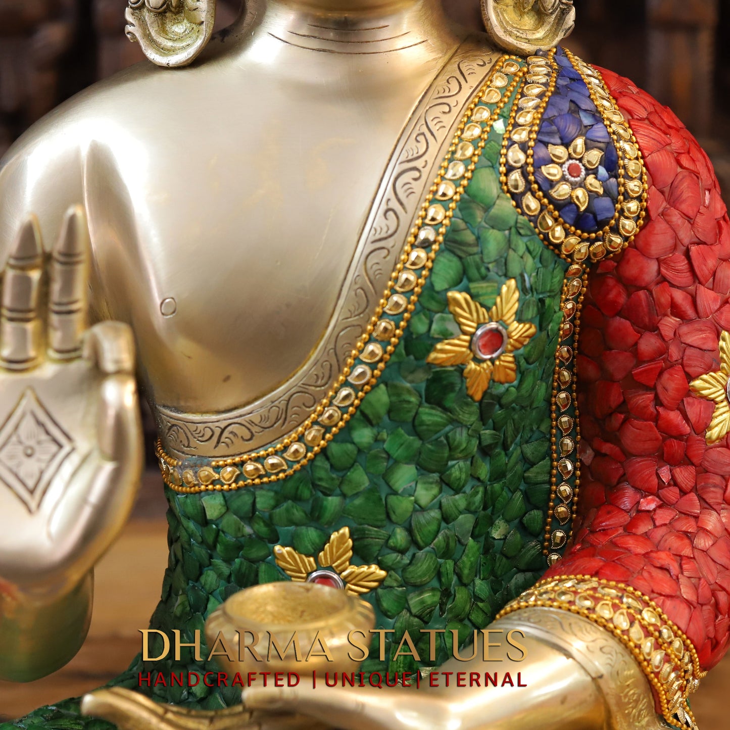 Brass Buddha seated in Blessing Posture, Stonework & Golden Finish, 20"