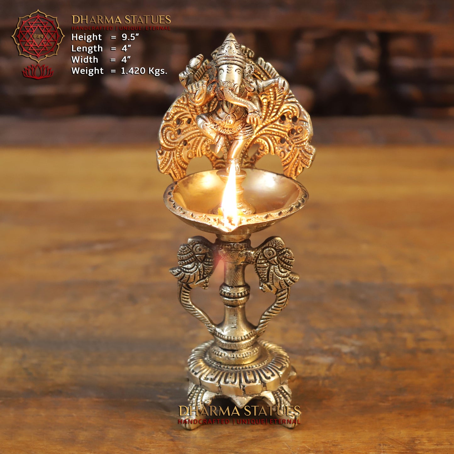 Brass Ganesh Diya, Golden Finish, 9.5"