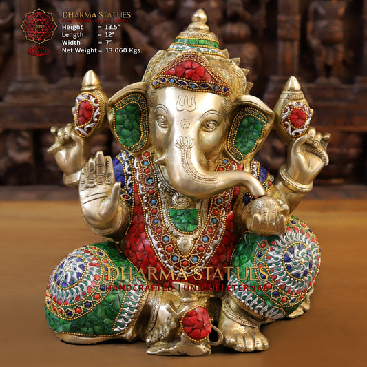 Brass Ganesh seated in Blessing Posture, Stonework & Golden Finish, 13.5"