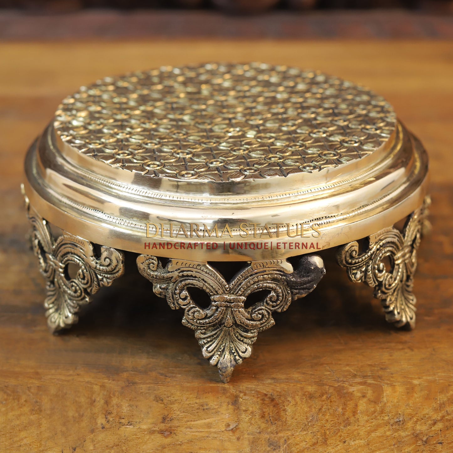Brass Chowki for Pooja, Golden Finish, 11”