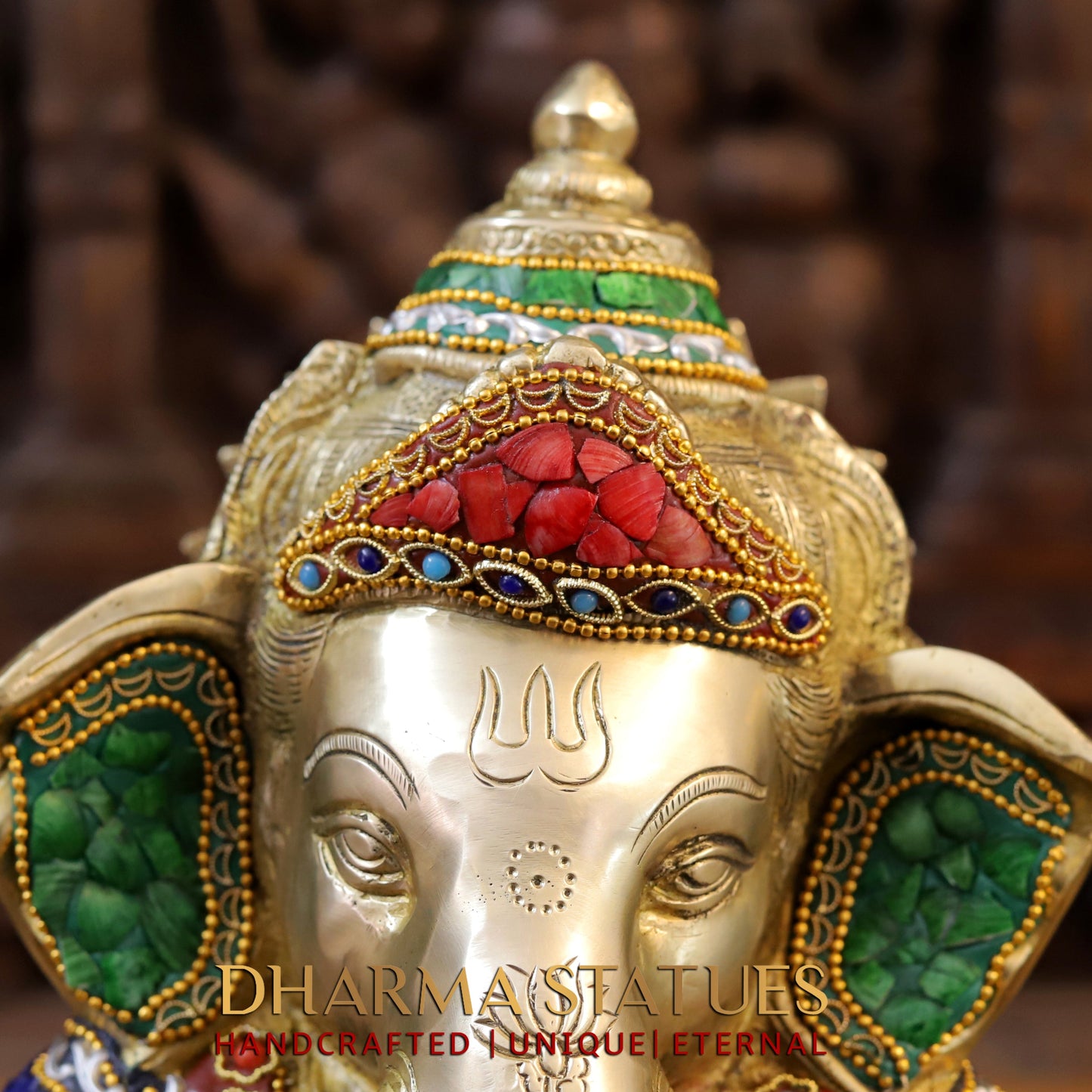 Brass Ganesh seated in Blessing Posture, Stonework & Golden Finish, 13.5"