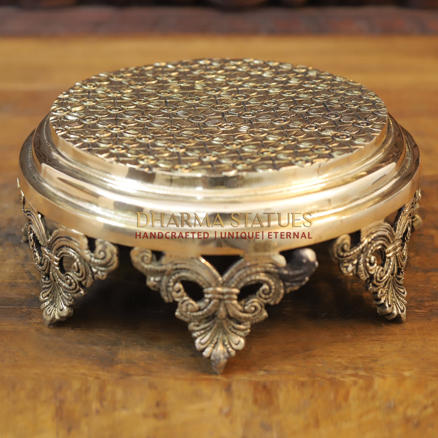 Brass Chowki for Pooja, Golden Finish, 11”