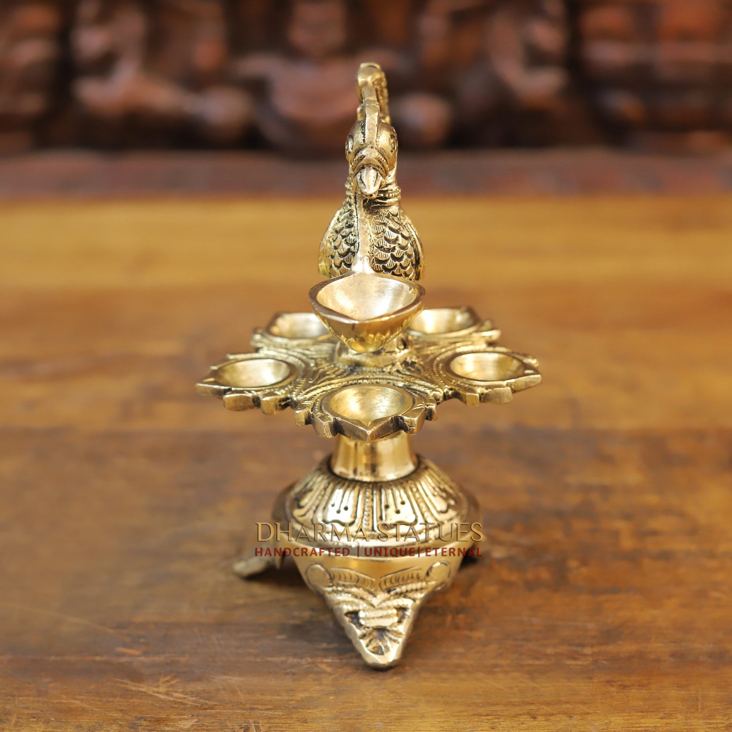 Brass Peacock Oil Lamp, Golden Finish, 7.5"