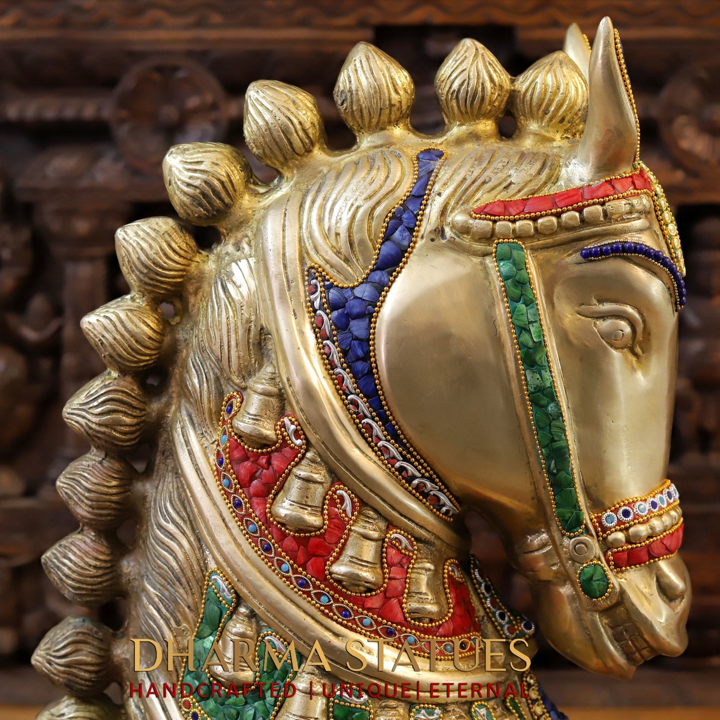 Brass Horse Face, Stonework & Golden Finish, 22"