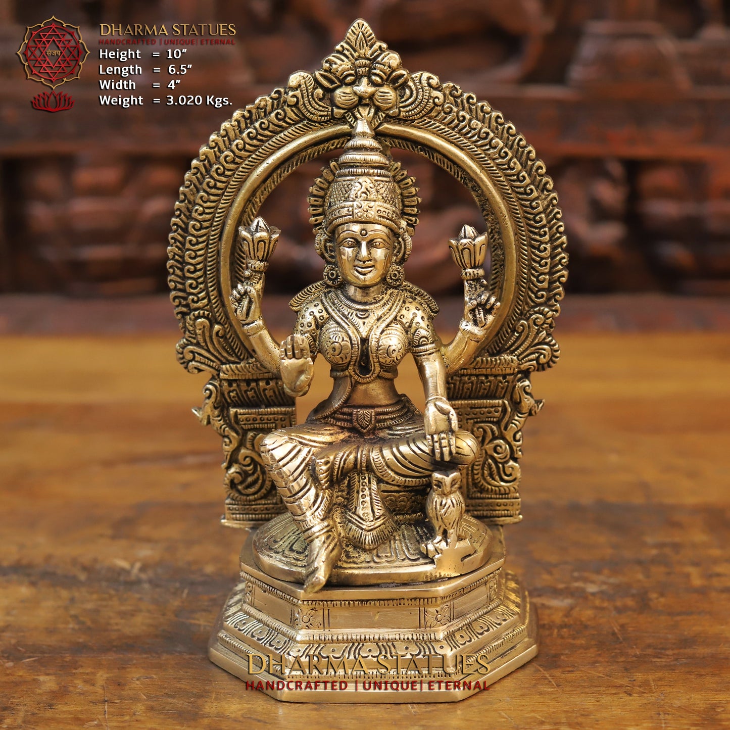 Brass Laxmi seated with Frame, Blessing Posture, Golden Finish, 10"