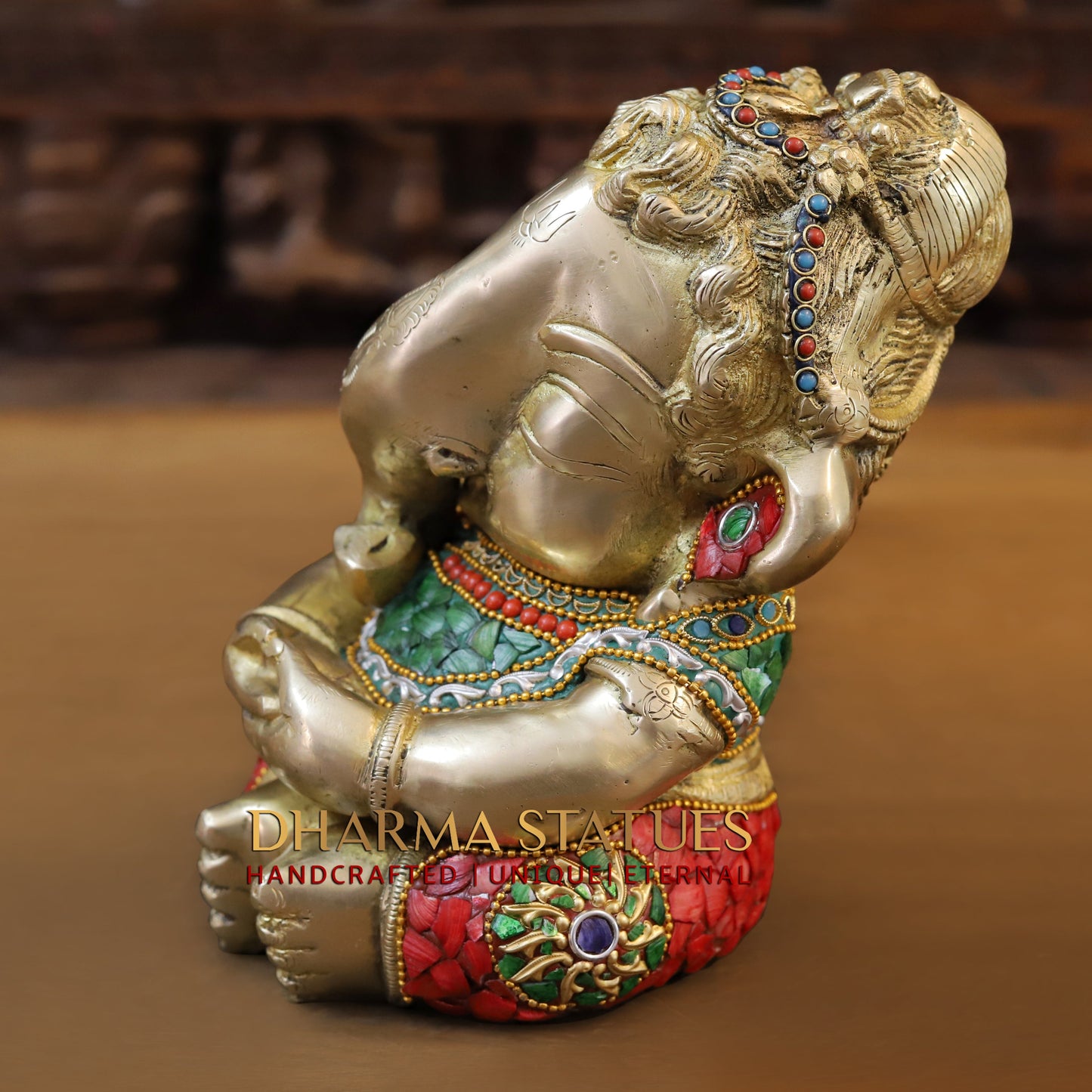 Brass Baby Ganesh seated, Stonework & Golden Finish, 9"