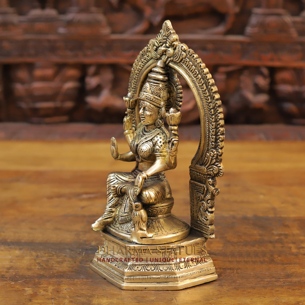 Brass Laxmi seated with Frame, Blessing Posture, Golden Finish, 10"