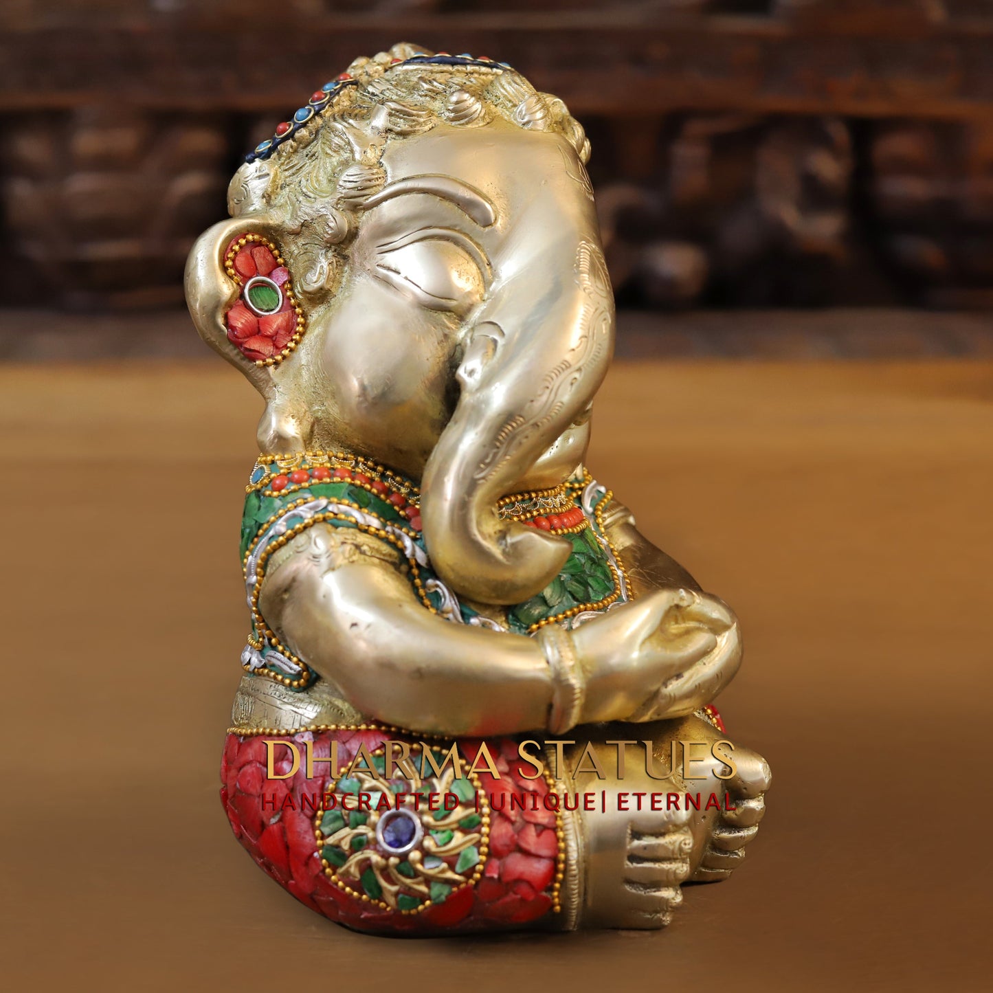 Brass Baby Ganesh seated, Stonework & Golden Finish, 9"