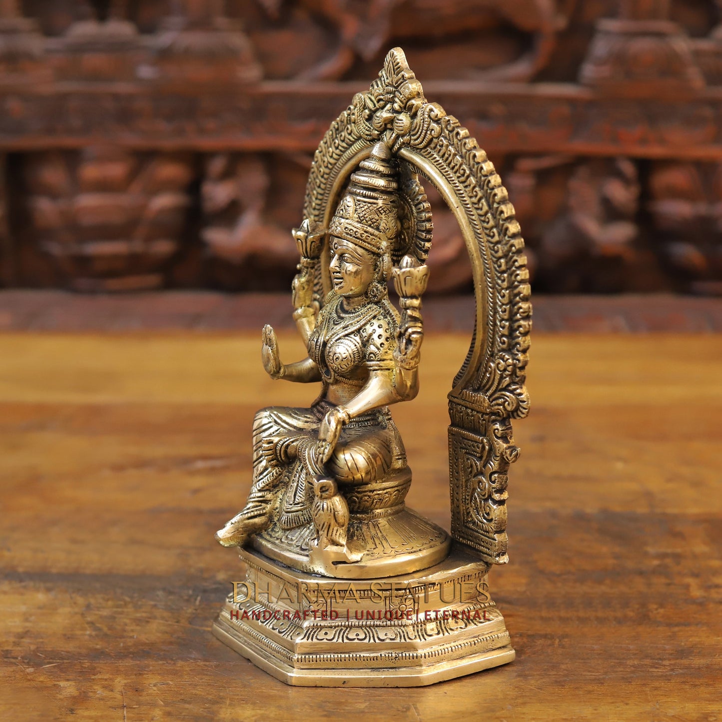 Brass Laxmi seated with Frame, Blessing Posture, Golden Finish, 10"