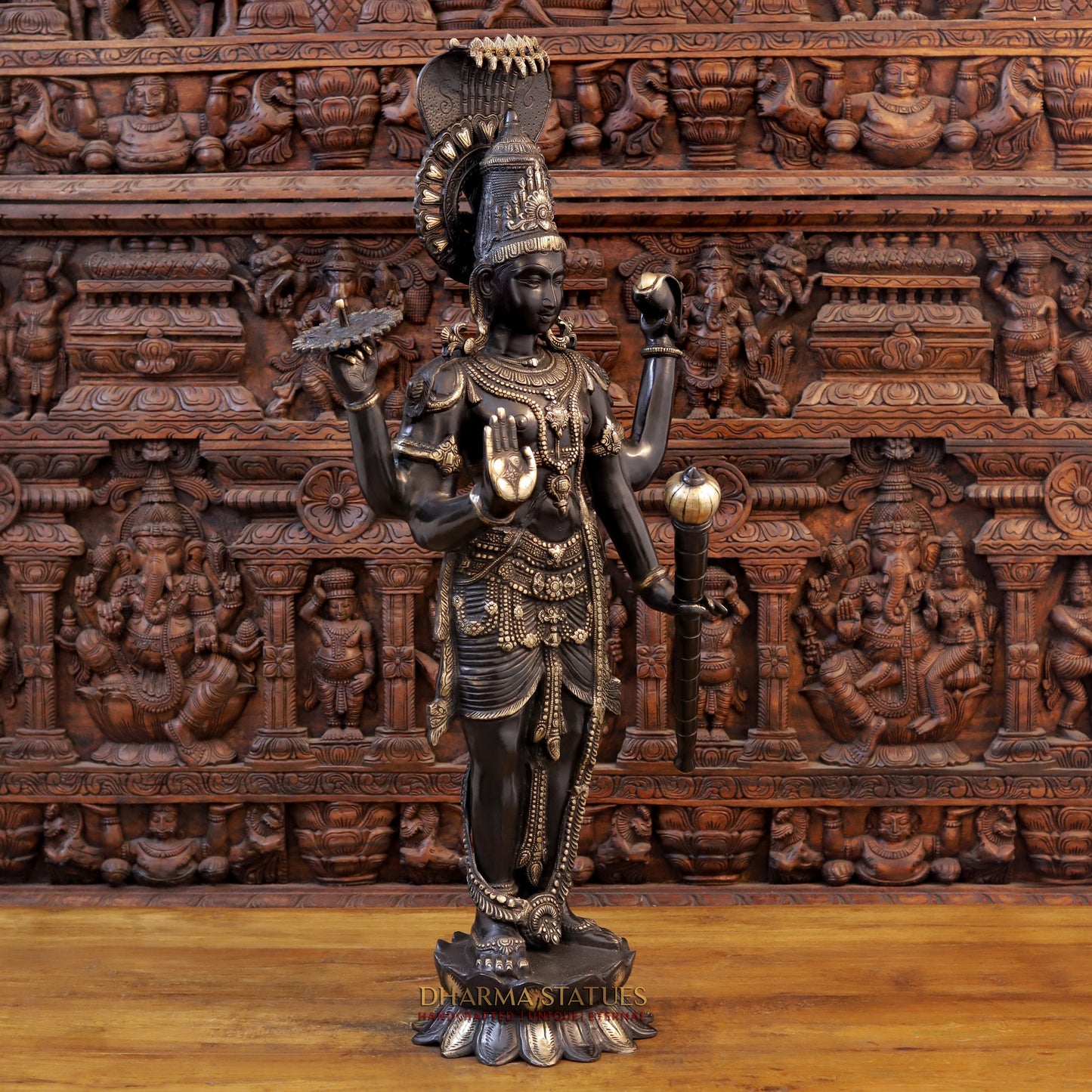 Brass Vishnu standing on Lotus with Sheshnag, Black Patina & Golden Finish, 41"