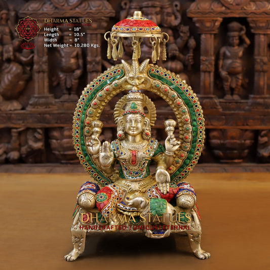 Brass Lakshmi seated on Throne, Stonework & Golden Finish, 18"
