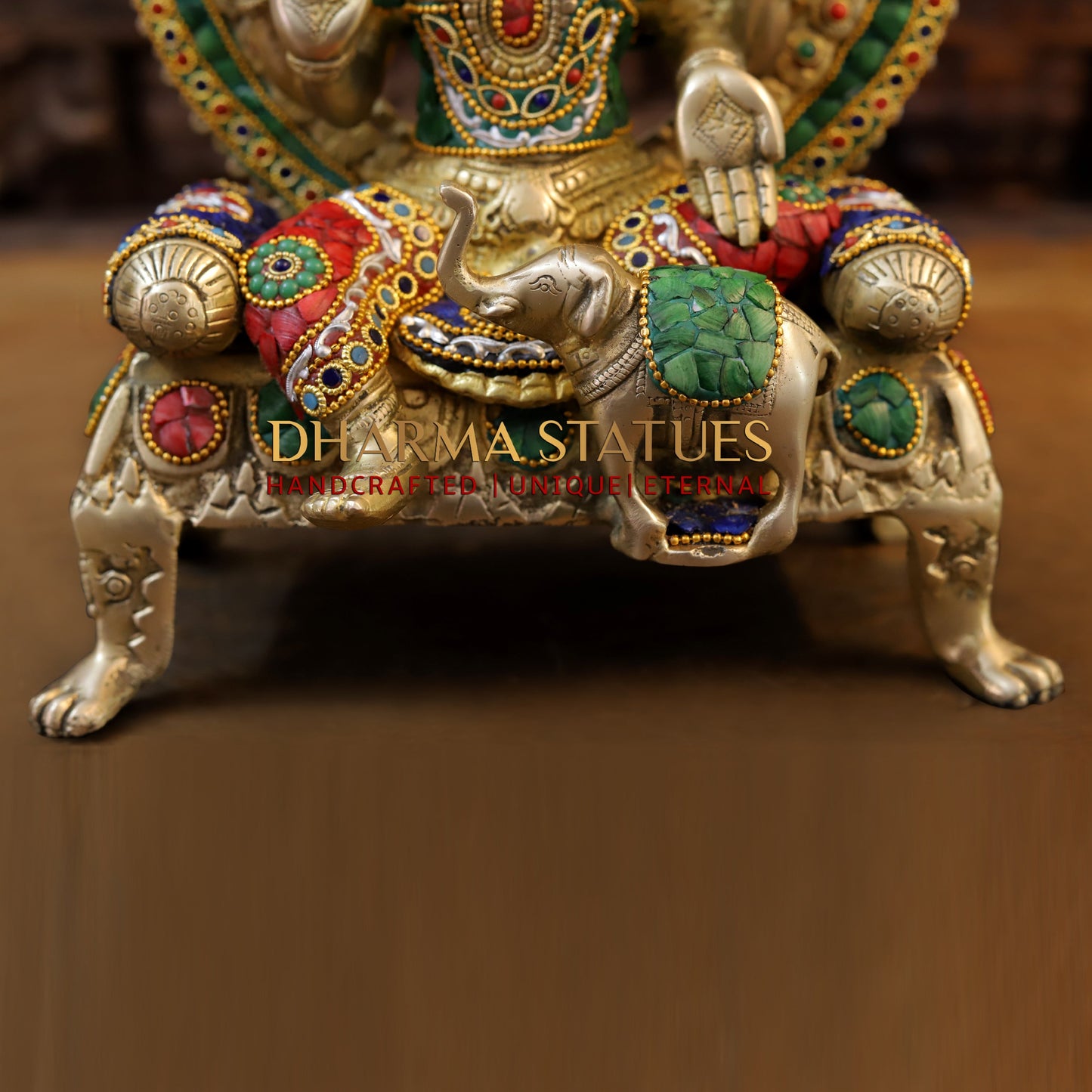 Brass Lakshmi seated on Throne, Stonework & Golden Finish, 18"