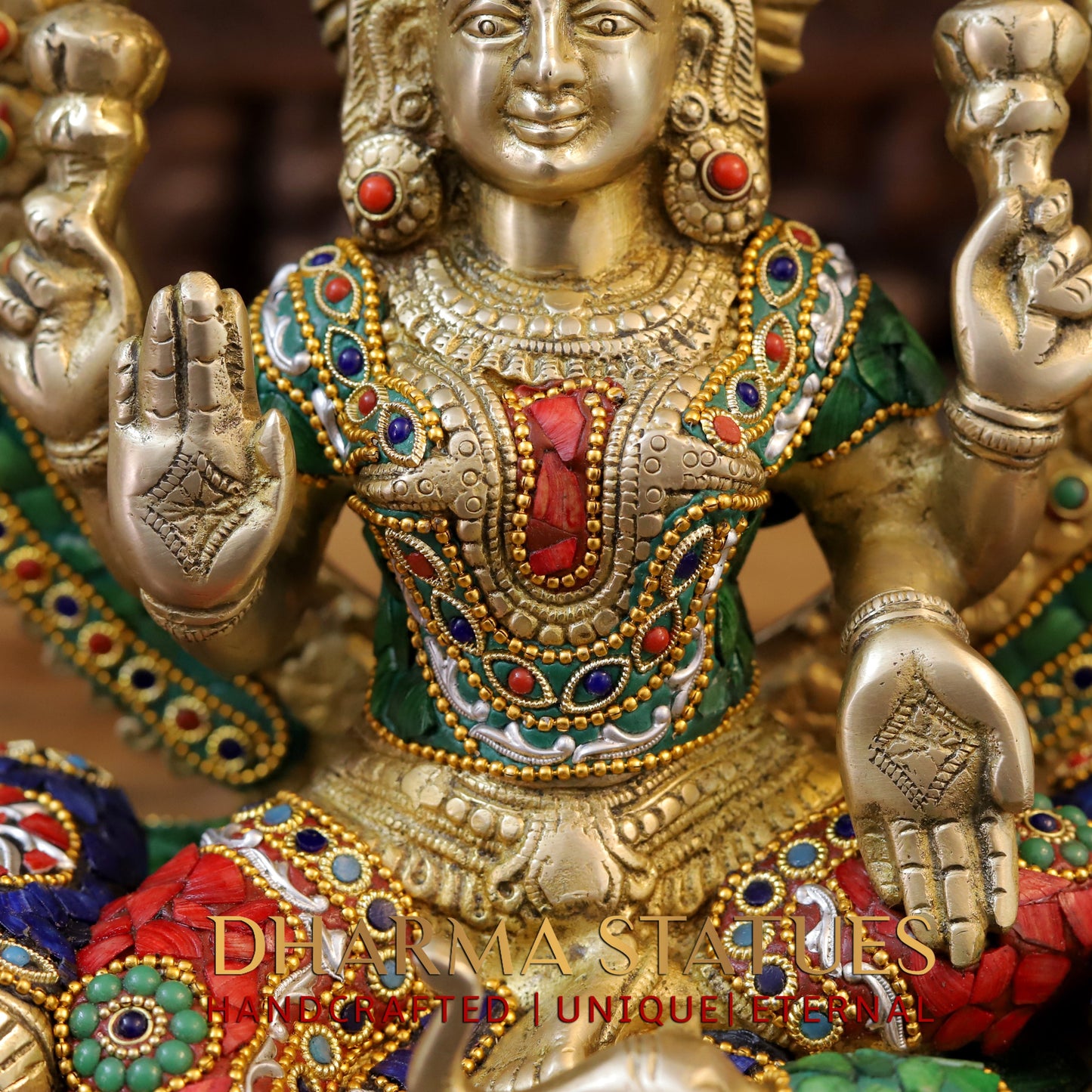 Brass Lakshmi seated on Throne, Stonework & Golden Finish, 18"