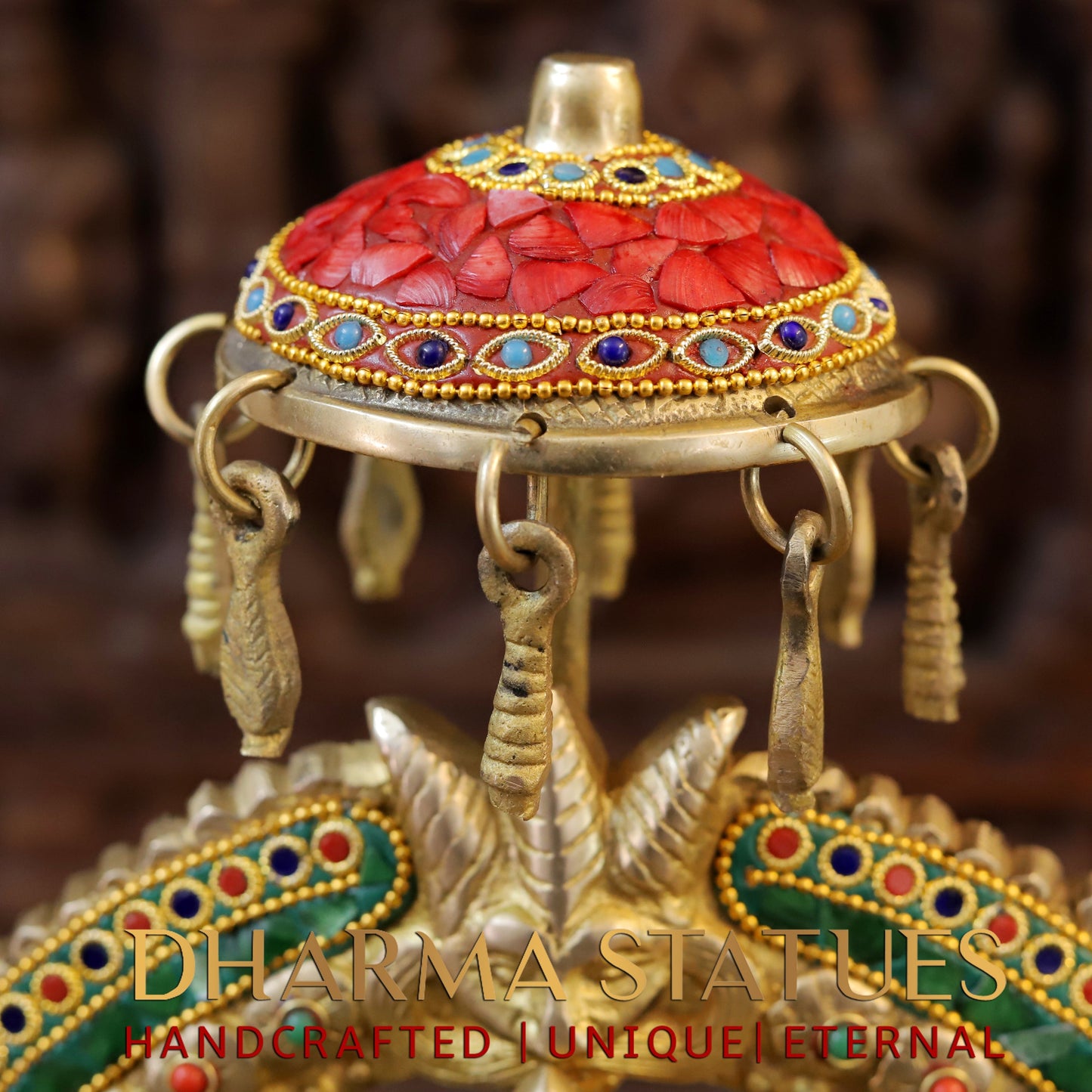 Brass Lakshmi seated on Throne, Stonework & Golden Finish, 18"