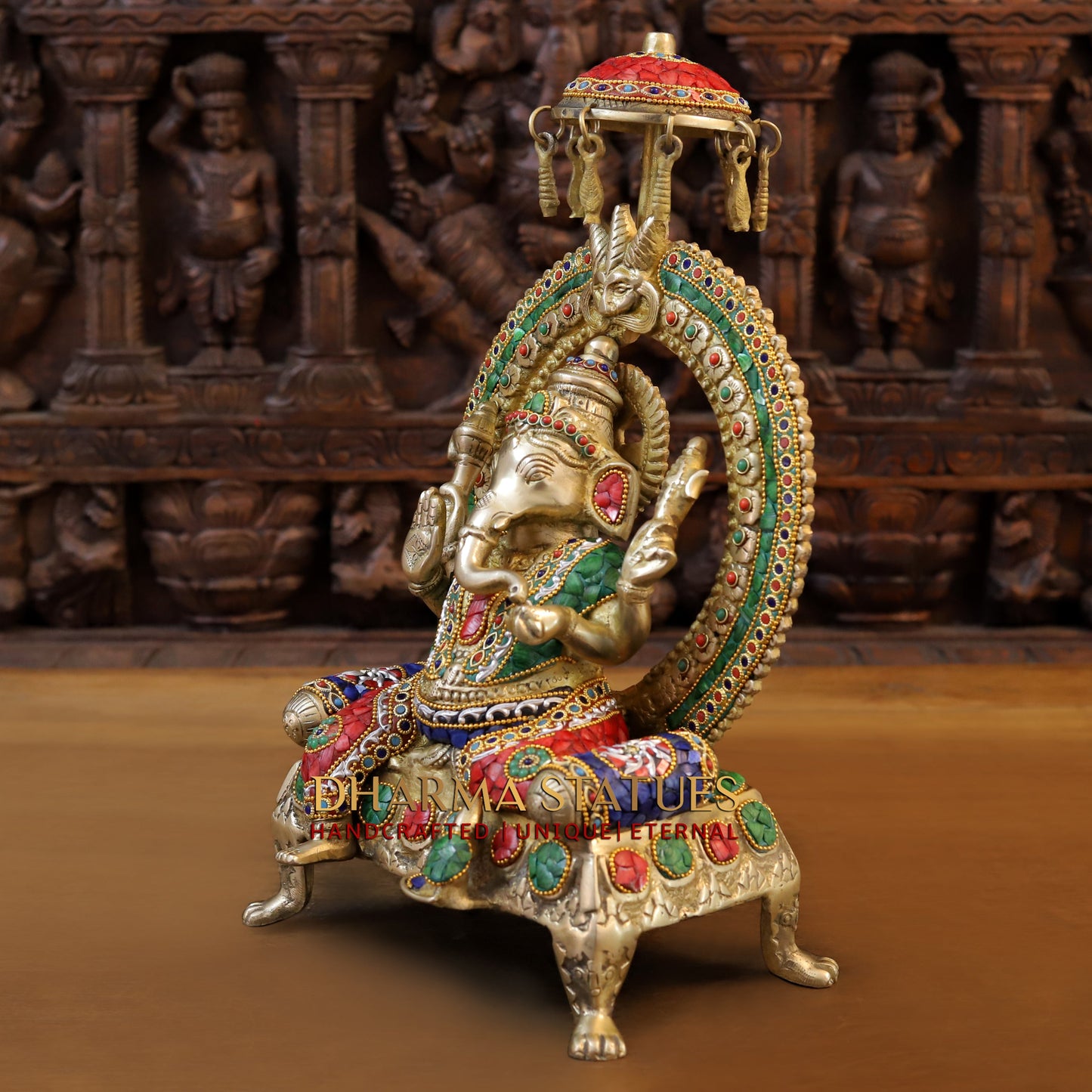 Brass Ganesh seated on Throne, Stonework & Golden, 17.5"