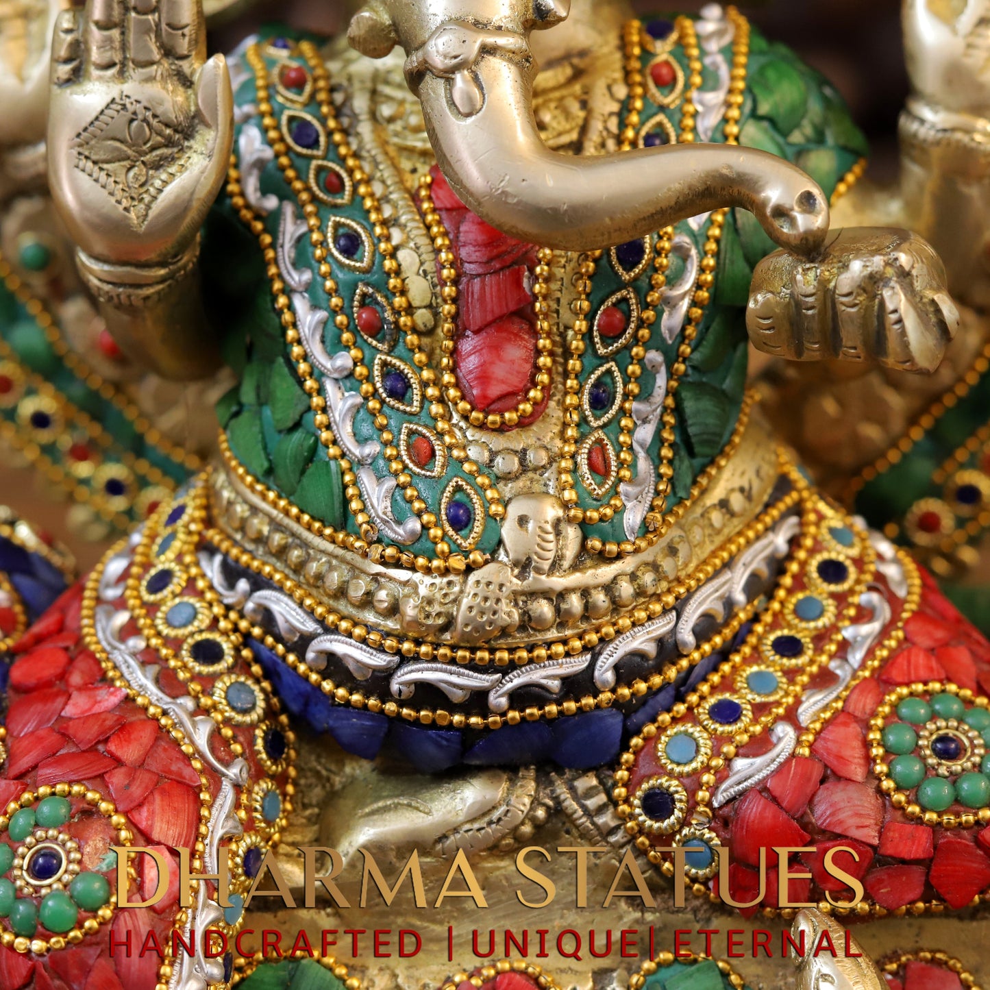 Brass Ganesh seated on Throne, Stonework & Golden, 17.5"