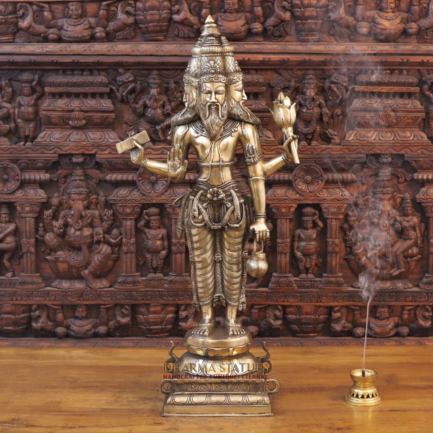 Brass Brahma Standing, Holding Lotus and Kamandal, Smooth Finish, 38.5"