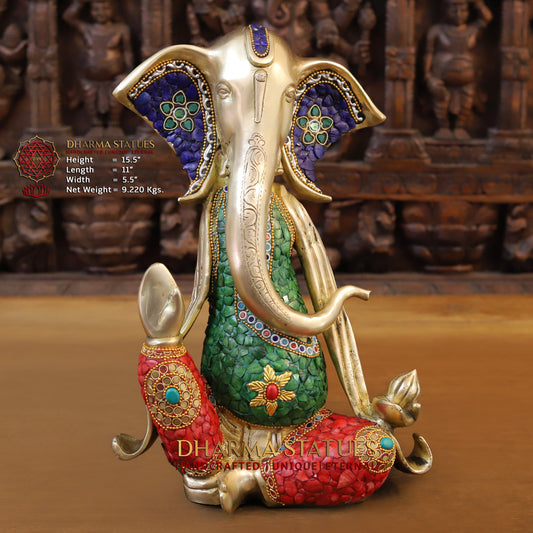 Brass Modern Ganesh seated in Blessing Posture, Stonework & Golden Finish, 15.5"