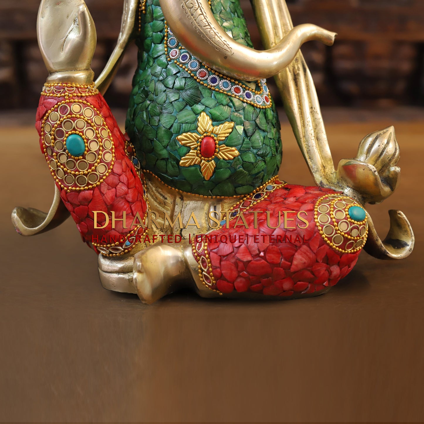 Brass Modern Ganesh seated in Blessing Posture, Stonework & Golden Finish, 15.5"