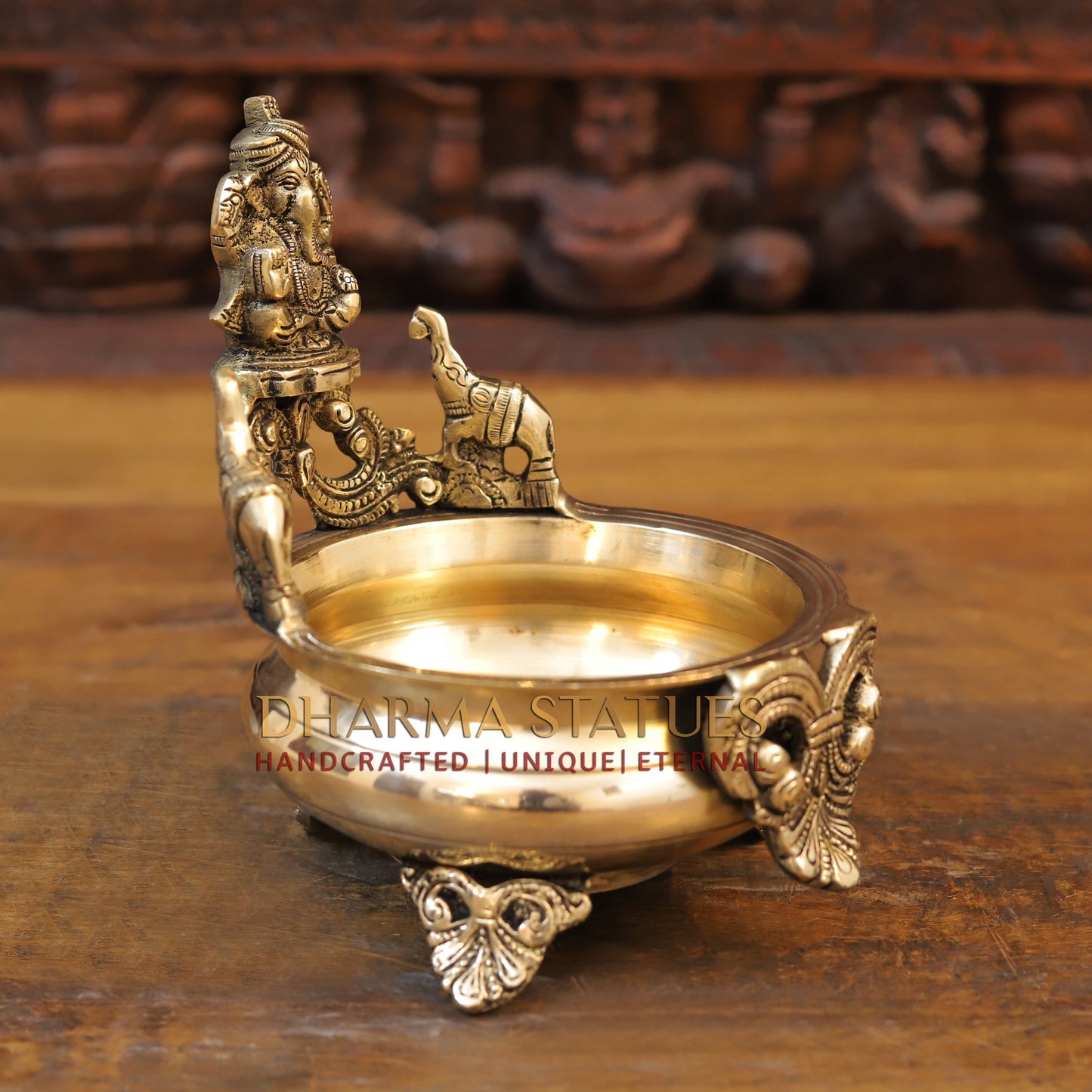 Brass Ganesh Urli, Golden Finish, 8"