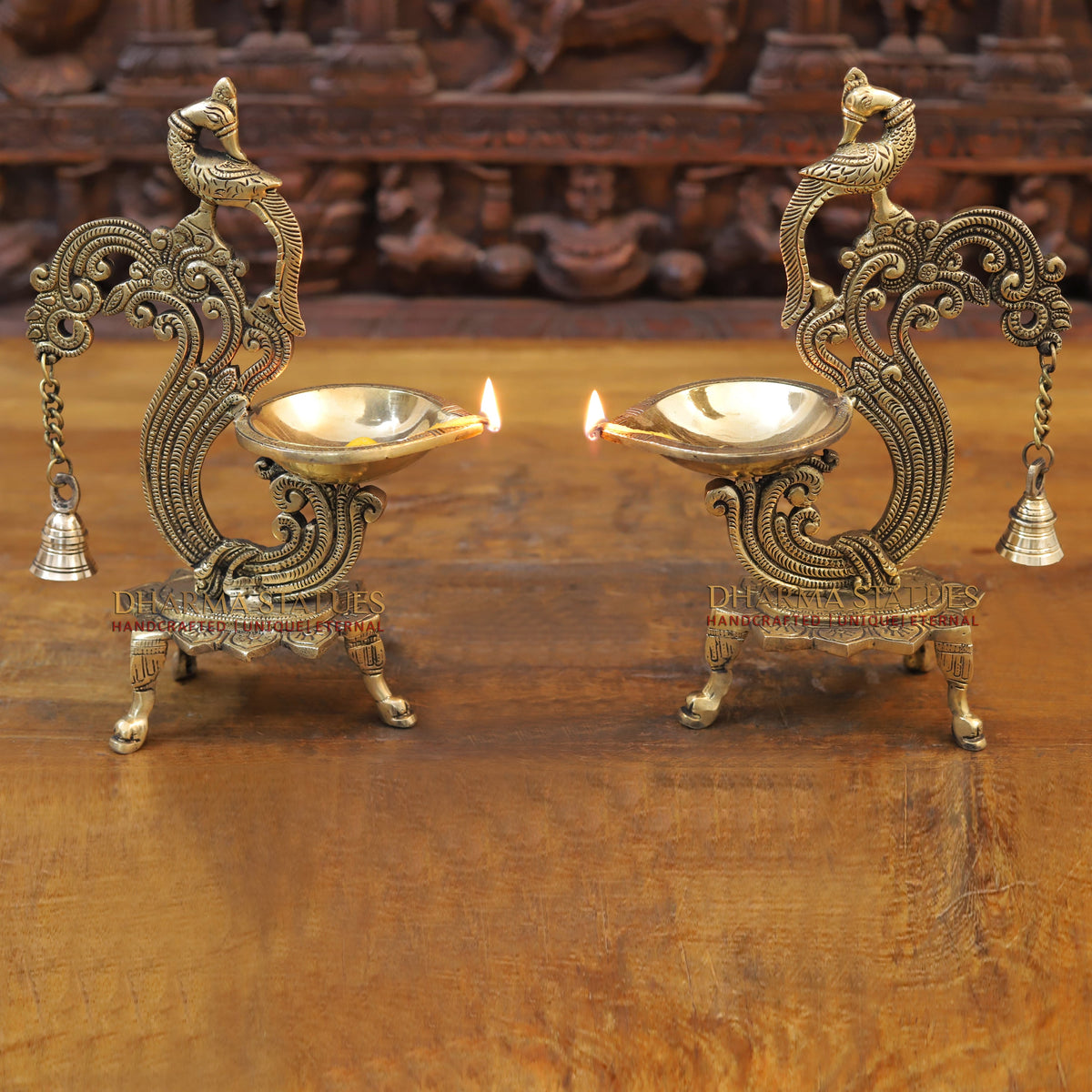 Brass Peacock Diya, Golden Finish, 12"