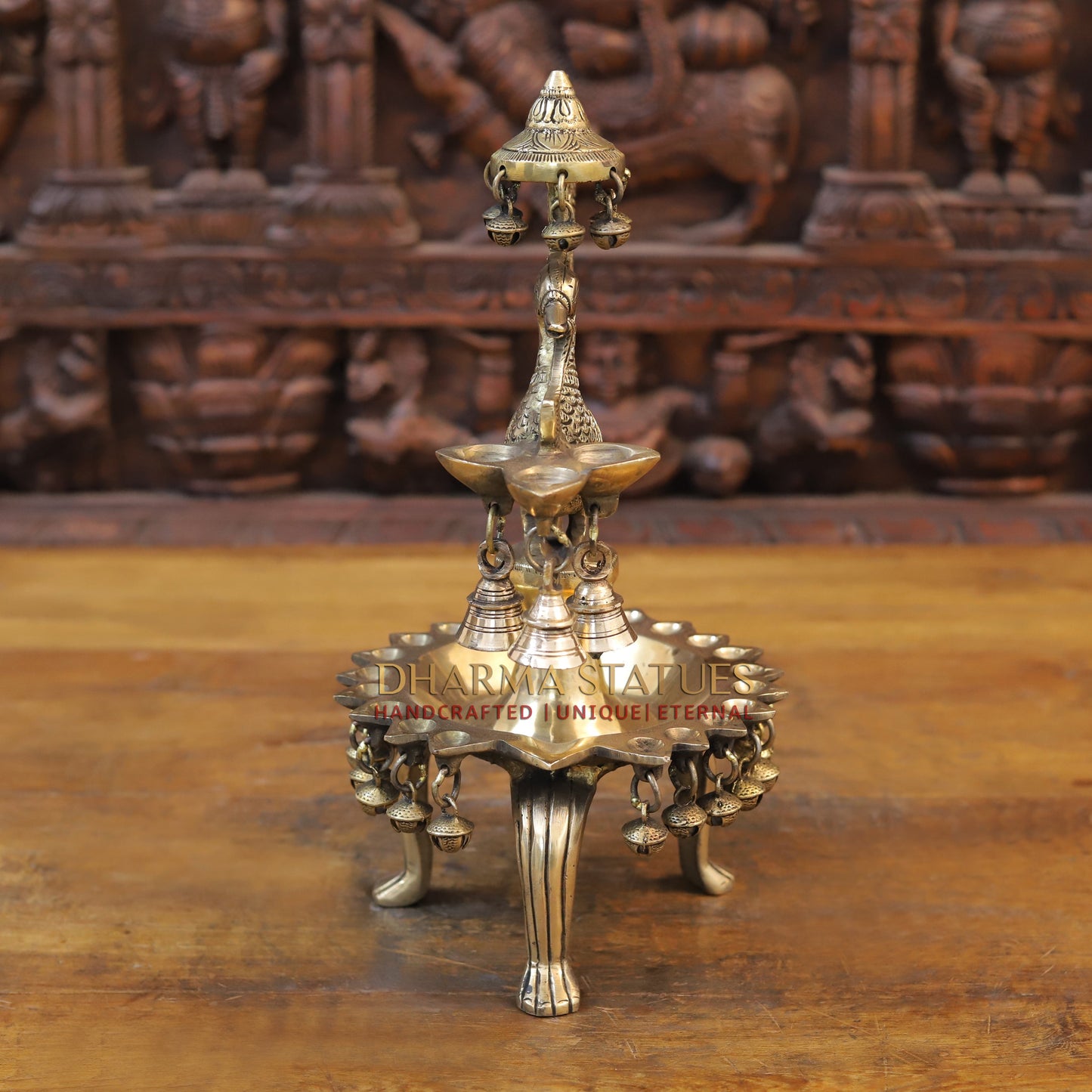 Brass Peacock Lamp Holding 3 Diyas, Golden Finish, 14"