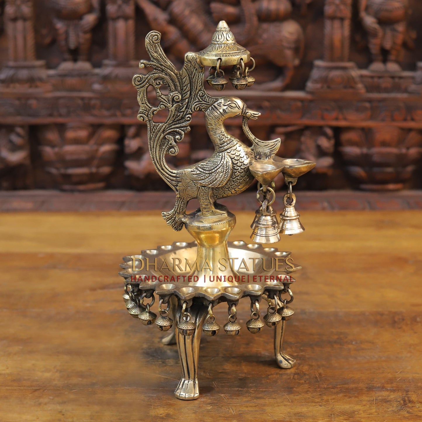 Brass Peacock Lamp Holding 3 Diyas, Golden Finish, 14"