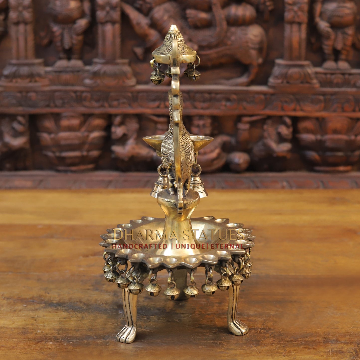 Brass Peacock Lamp Holding 3 Diyas, Golden Finish, 14"